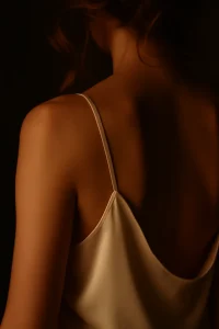 Detail van een vrouw in een lichte satijnen top onder warm licht.