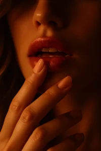 Close-up van de lippen en hand van een vrouw in warm oranje licht.