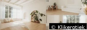 Heldere witte fotostudio met houten vloer, planten en grote ramen.